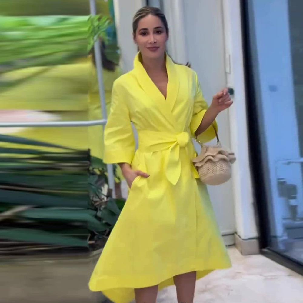 Forever 21 Yellow Casual High-Waist Three Quarter Sleeve Midi Dress